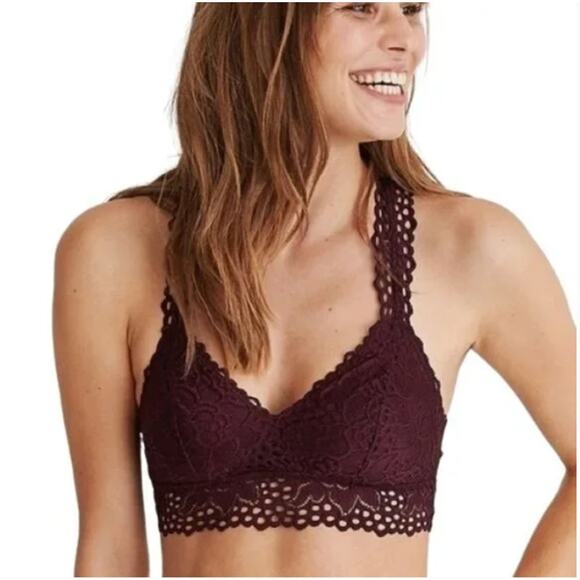 Aerie Lace Crochet Boho Maroon Burgundy Racerback Bralette Bra Small - Picture 1 of 5